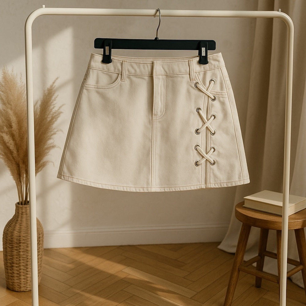 Frame Denim Cream A-Line Mini Skirt with Tie Front